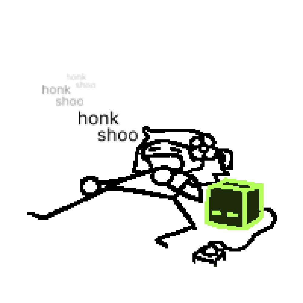 aridoodle and boxgirl, taking a big fat snooze on the ground. aridoodle echoes "honk shoo" while boxgirl is plugged into a socket in the ground.