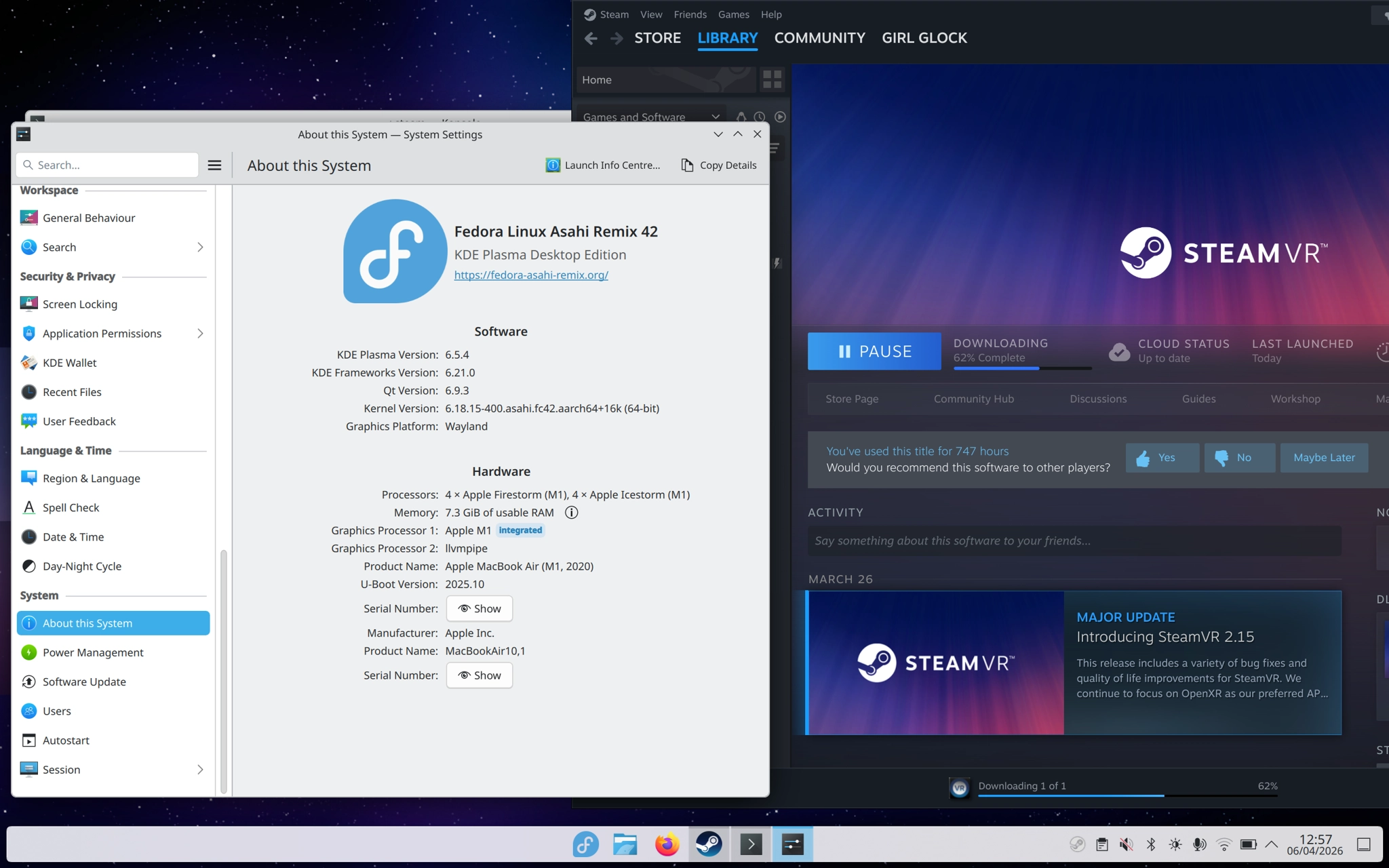 a screenshot of fedora linux asahi remix, running on a macbook air, installing steamVR