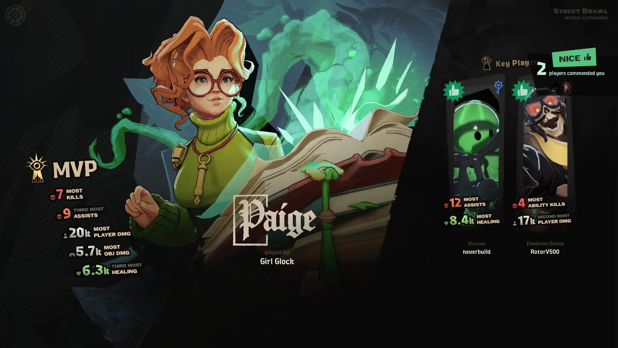deadlock post-game screen. i MVP'd as paige with the most kills (7), most assists (9), most player damage (20k), most objective damage (5.7k), and most healing (6.3k) 