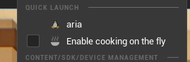unreal engine quick launch settings: "aria", and "enable cooking on the fly"