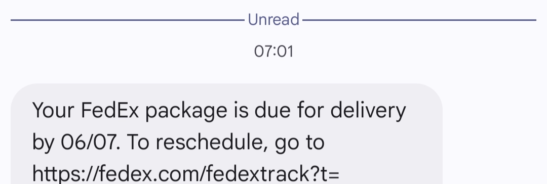text from FedEx: Your FedEx package is due for delivery by 06/07