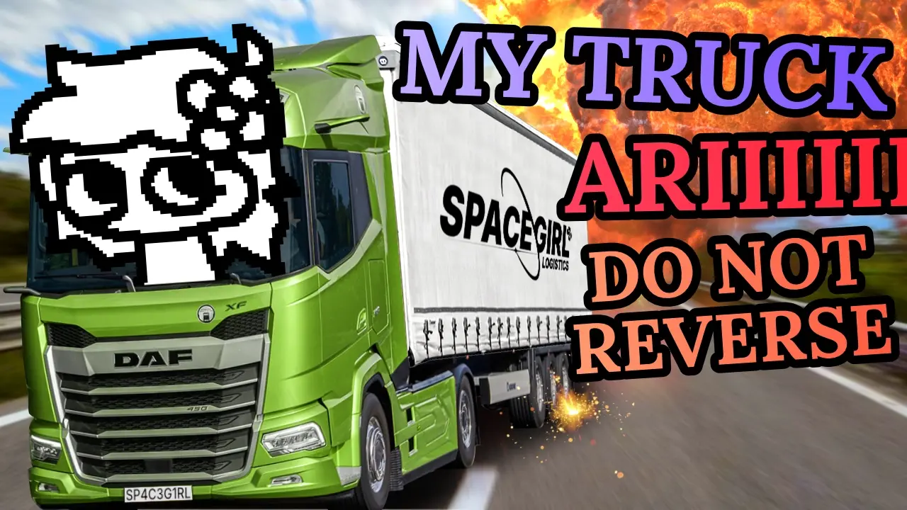 thumbnail featuring AriDoodle in a bright green truck, drifting at high speed down a highway with an explosion in the background. several subtitles read in all-caps: "MY TRUCK", "ARIIIII", and "DO NOT REVERSE"
