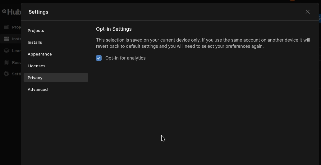 unity hub's privacy settings. there is a single checkbox called "opt-in for analytics". it is already enabled.

"This selection is saved on your current device only. If you use the same account on another device it will revert back to default settings and you will need to select your preferences again."