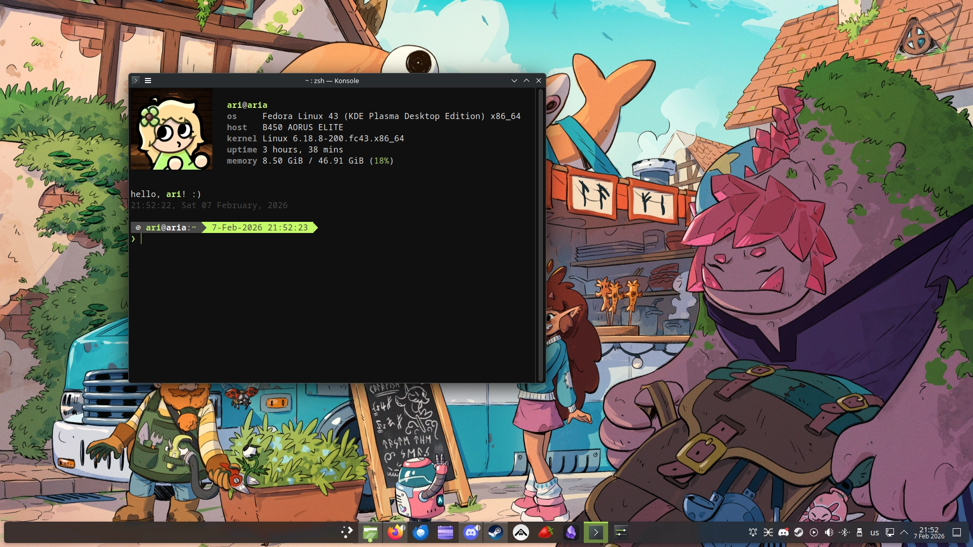 screenshot of my new fedora desktop- it's a KDE plasma setup pretty much identical to my previous one, but now fastfetch says fedora!