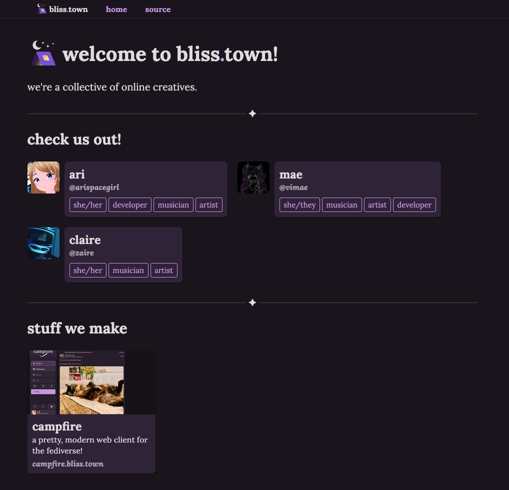bliss town's dark theme. the palette is unchanged from before; a deep purple palette, with content identical to the first image.