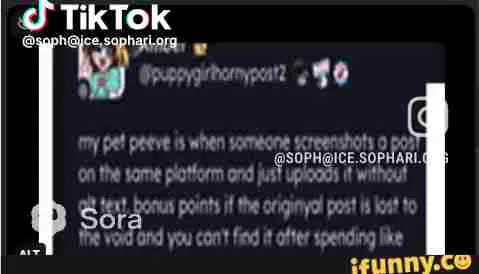 the same image as above, but screenshotted with mastodon UI decorations, a tiktok watermark, an instagram watermark (both attributed to @soph@ice.sophari.org), a sora watermark, and the ifunny watermark. the image is very compressed