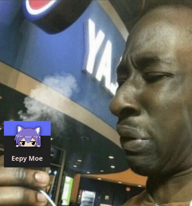 edit of a guy looking down disgusted at a smoking eepy moe in their hand