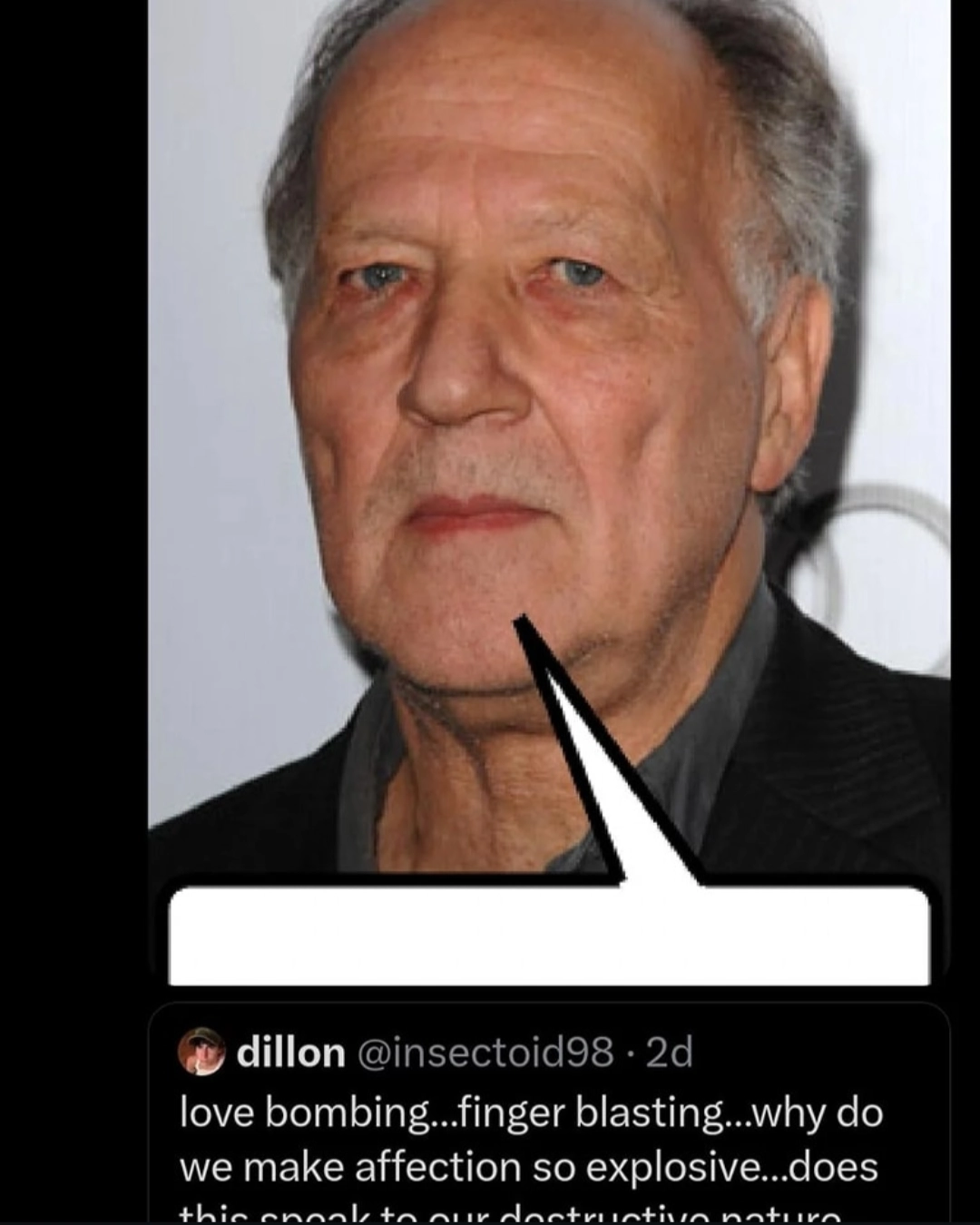 werner herzog captioned over a twitter post: "love bombing...finger blasting...why do we make affection so explosive...does this speak to our destructive nature"