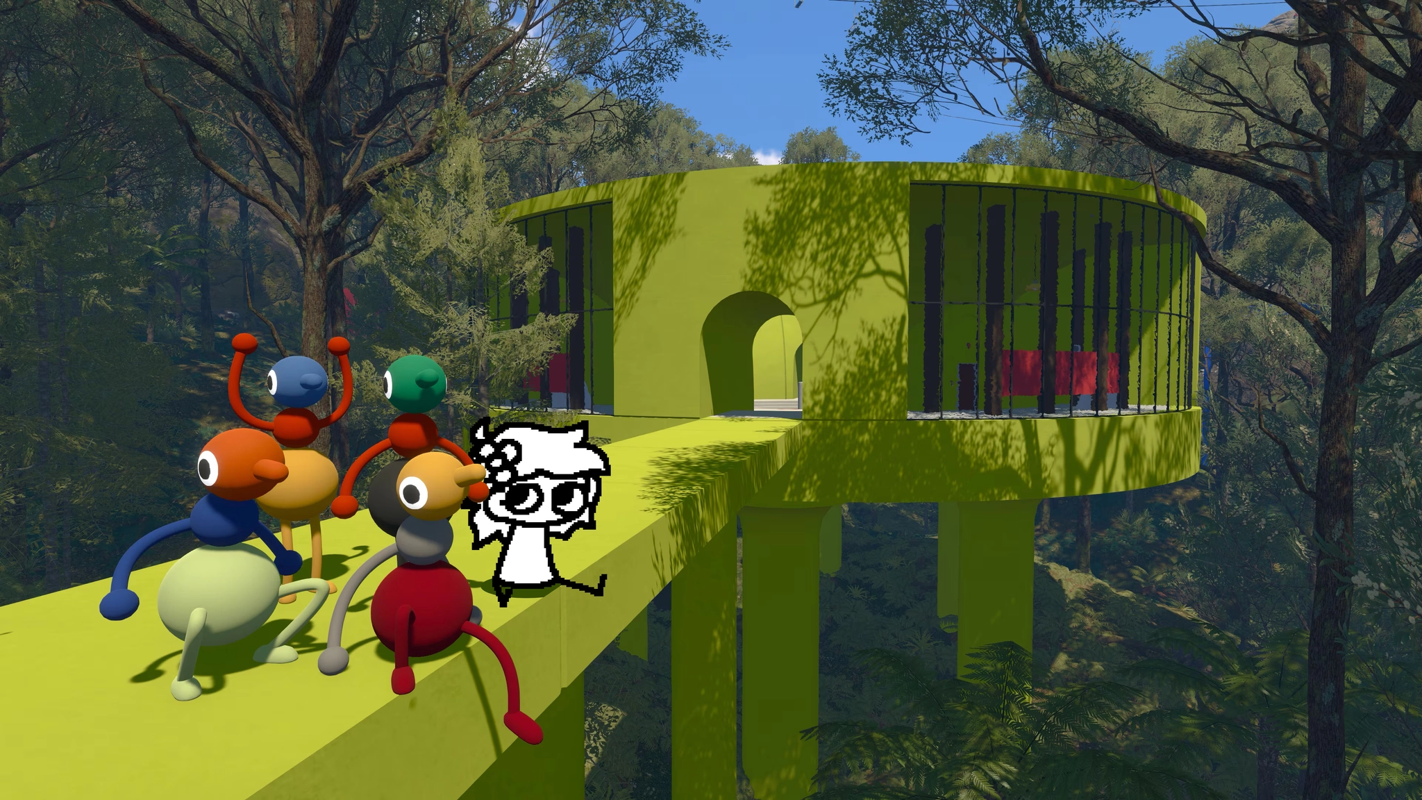 aridoodle sitting on a bridge outside with some big walk characters
