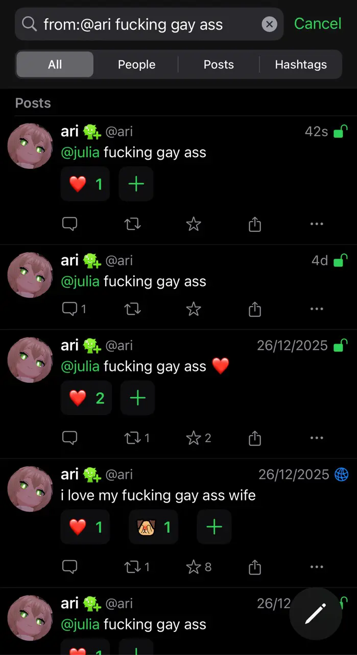there are many search results for me saying "fucking gay ass" to julia, including "i love my fucking gay ass wife" on occasion