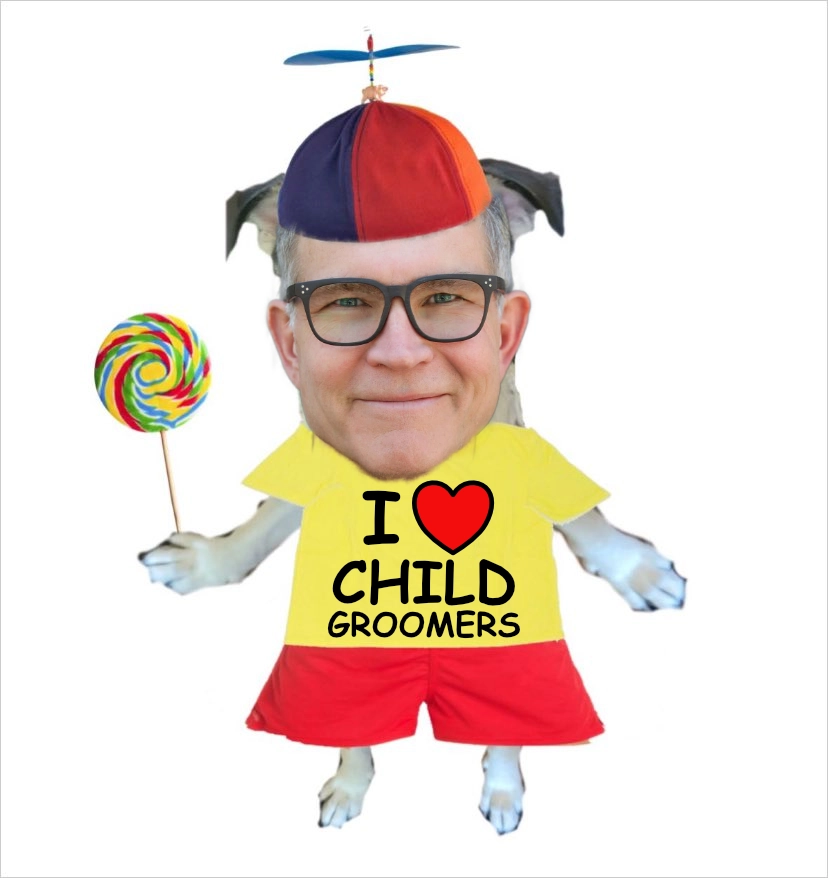 an edit of david baszucki (roblox CEO)'s face on the lolipop dog meme. his t-shirt reads "I LOVE CHILD GROOMERS"