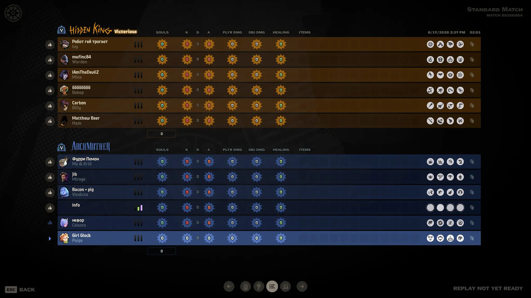 deadlock match leaderboard. all metrics are zero because one of the players never connected, ending the game prematurely.