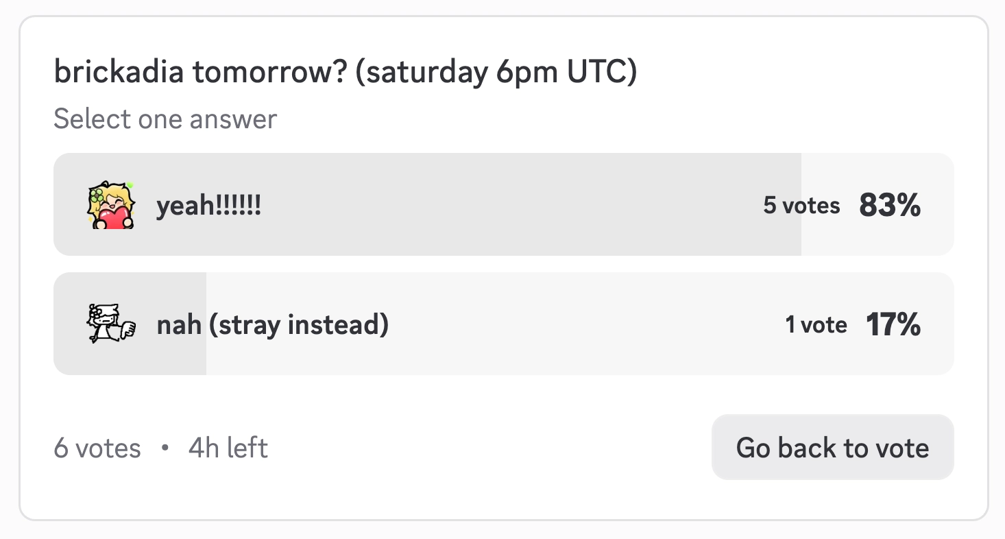 discord poll: "brickadia tomorrow? (saturday 6pm UTC)". the poll leans 83% for "yeah!!!" and 17% for "nah (stray instead)"