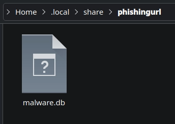 a file called "malware.db" located in "home/.local/share/phishingurl"