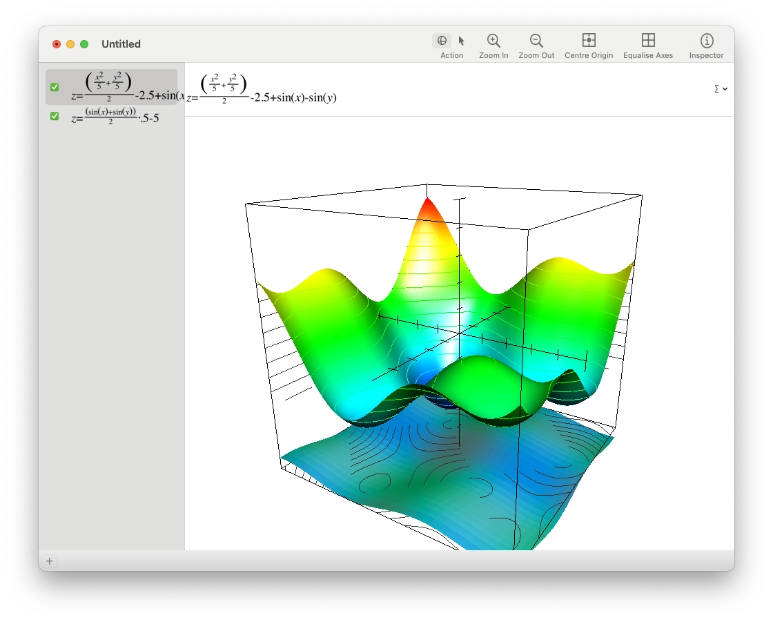 a screenshot of macOS' graph visualisation app, "Grapher". two 3D graphs are rendered within a cube boundary.