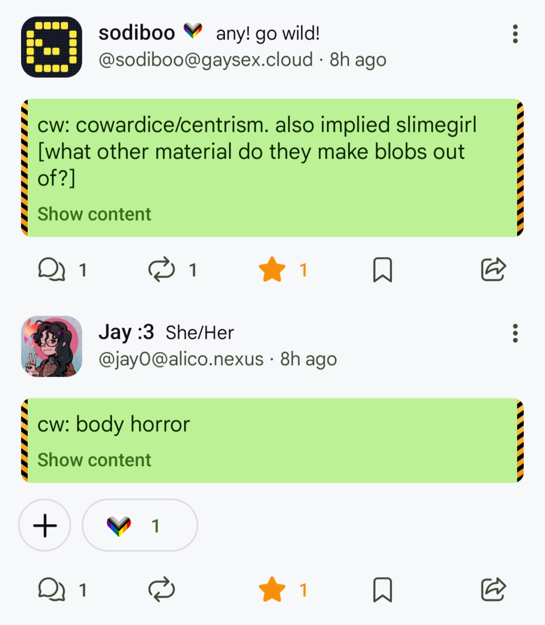 two replies, with content warnings: "cowardice/centrism. also implied slimegirl (what other material do they make blobs out of?)", and "body horror"