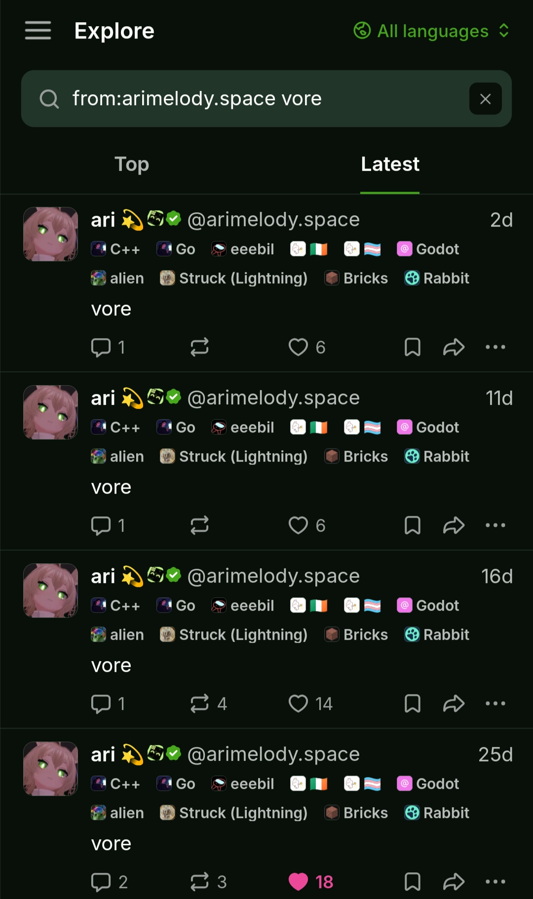 a bluesky search showing many instances of me posting "vore"