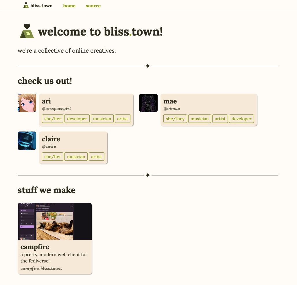 new bliss town light theme. the contrast is much improved, with a very light, almost book page yellow, with green accents. the content has been updated to display information for ari, mae, and claire. underneath is a list of projects we work on; just campfire for now!
