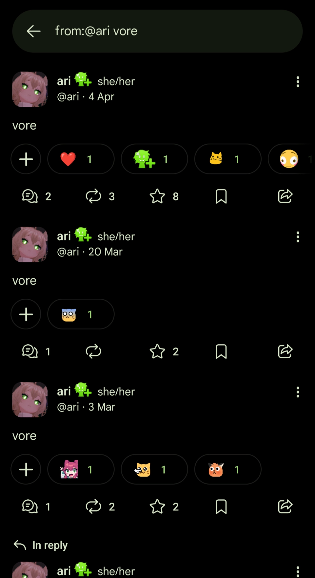 a fedi search showing many instances of me posting "vore"