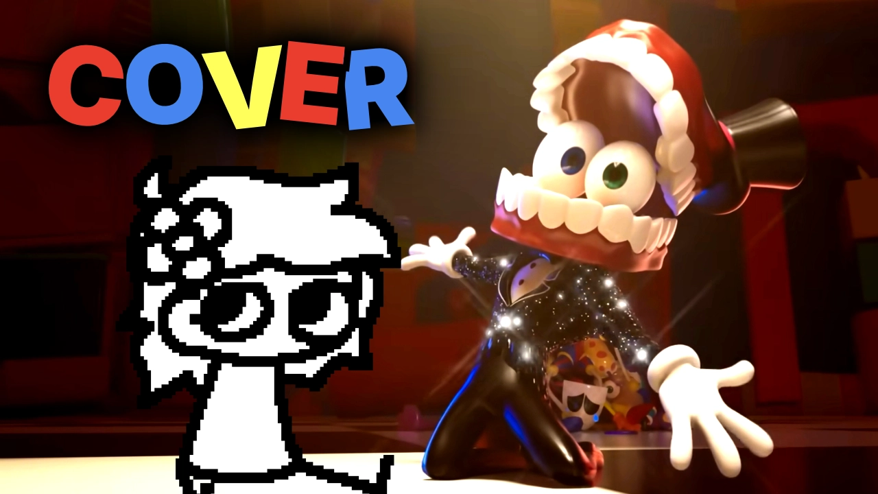 thumbnail for my cover video: featuring caine in a bedazzled suit posing next to aridoodle, with the text "COVER" above in bright circus tri-tone colours.