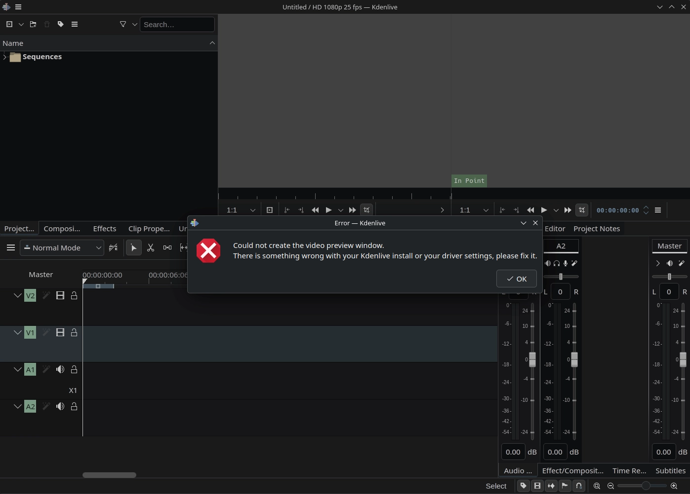 kdenlive error on launch: "Could not create the video preview window. There is something wrong with your Kdenlive install or your driver settings, please fix it."
