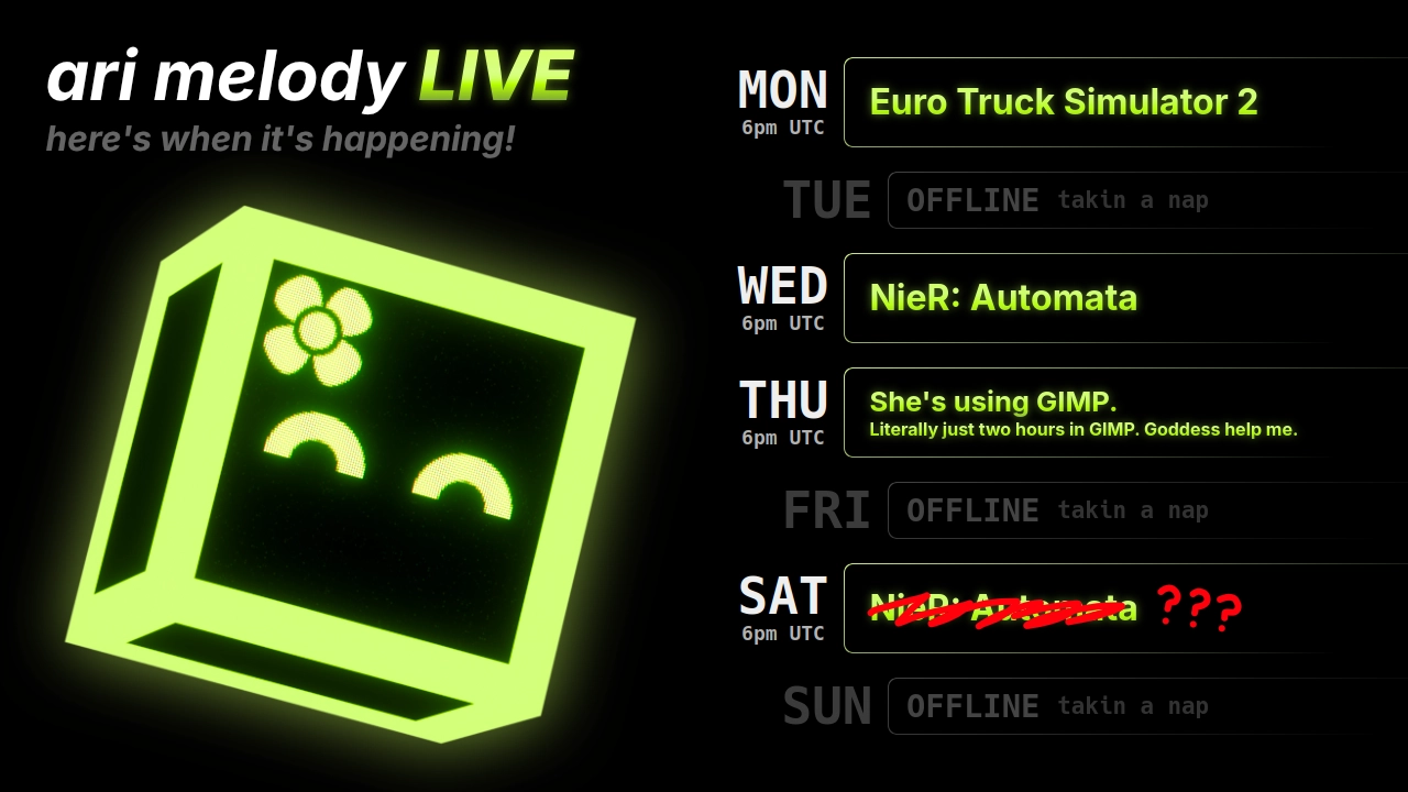 the same schedule as above, but NieR: Automata on saturday has been scribbled out and replaced with three red question marks.