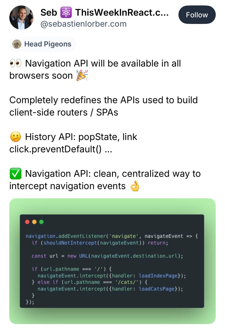 bluesky user @SebastienLorber.com announcing that Navigation API "will be available in all browsers soon"