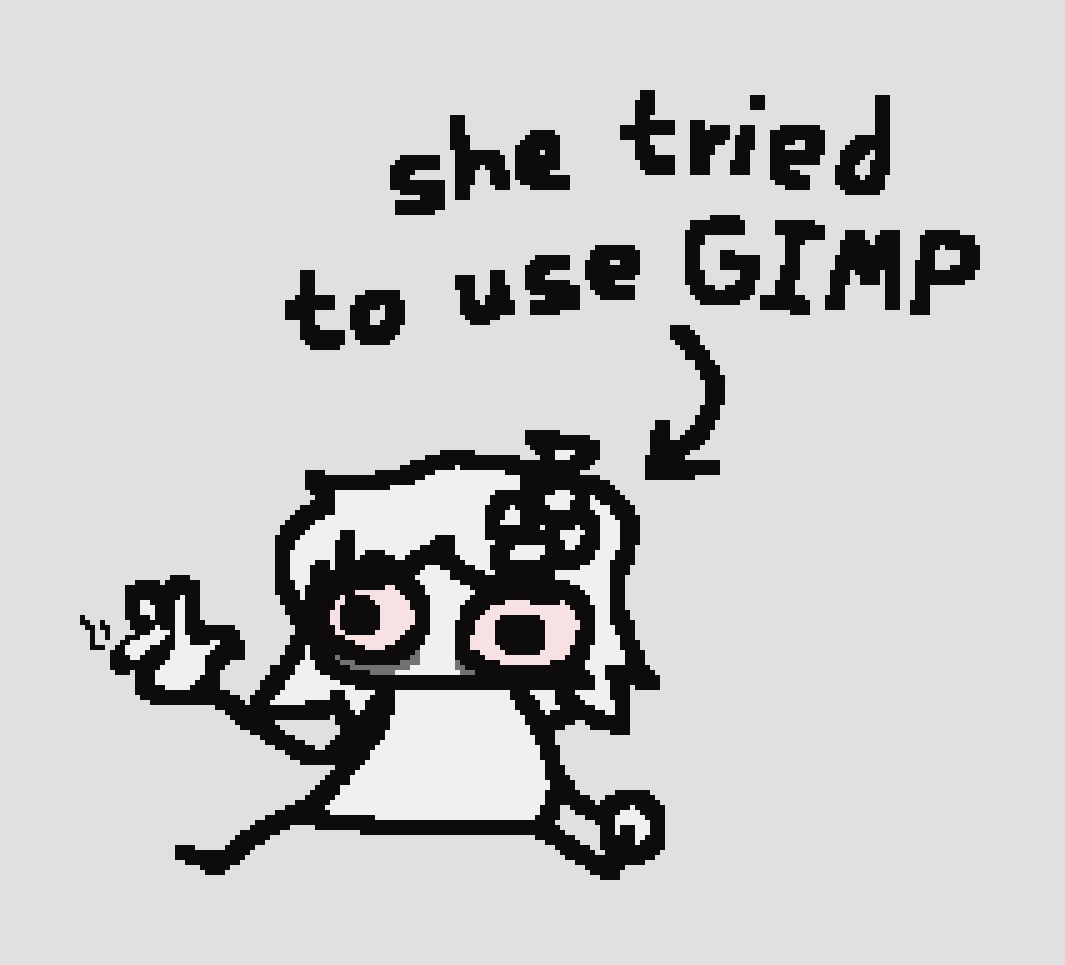 a drawing of a broken, disheveled aridoodle sitting on the floor, eyes red as she smokes a cigarette. a big arrow points at her with the text "she tried to use GIMP"