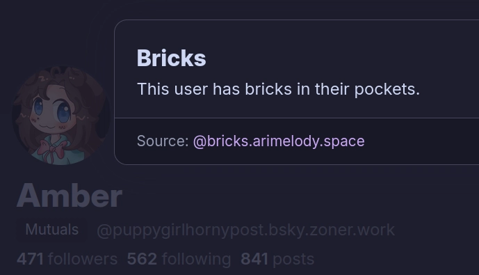 amber now has bricks in their pockets. source: @bricks.arimelody.space on bluesky