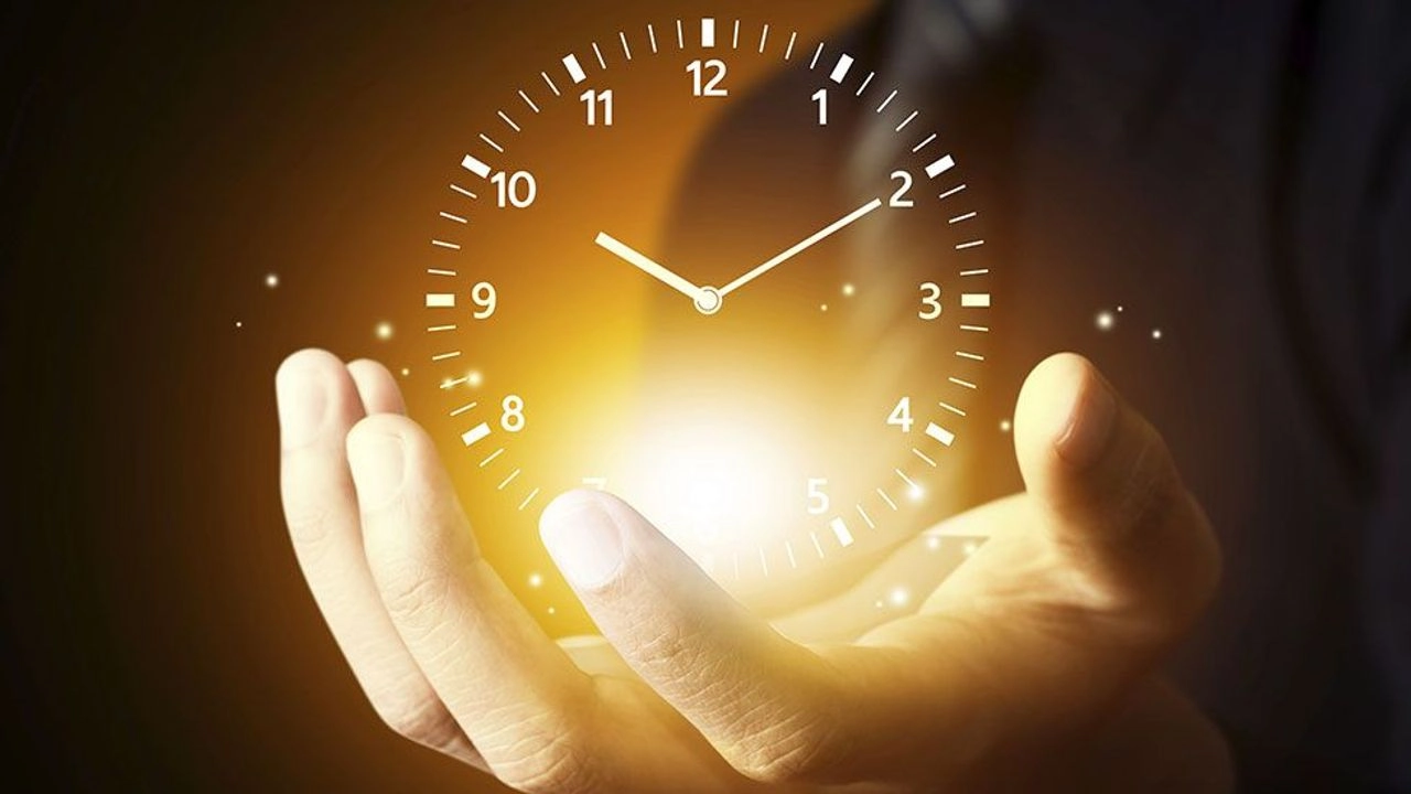 fucking awesome stock photo of a hand holding up a glowing levitating clock face