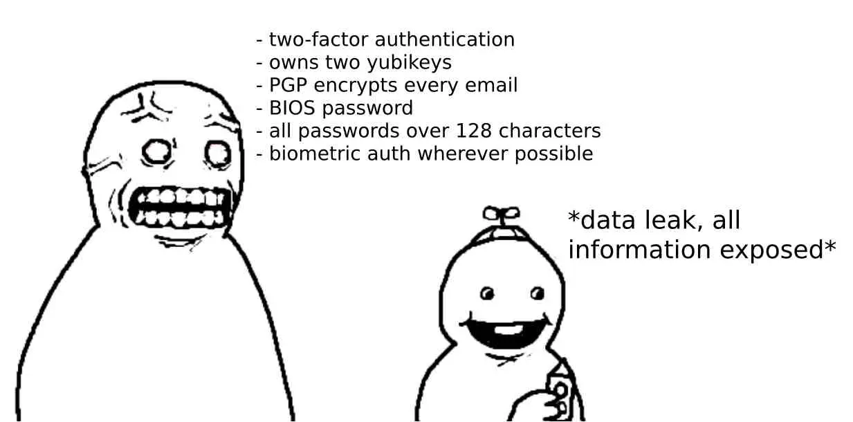 seething, raging guy: two-factor authentication; owns two yubikeys; PGP encrypts every email; BIOS password; all passwords over 128 characters; biometric auth wherever possible.

little baby playing with toys: *data leak, all information exposed*