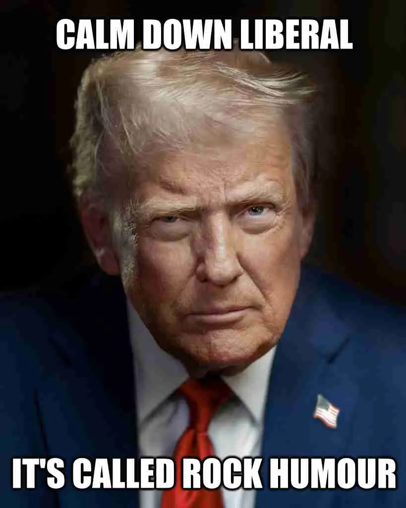 portrait of donald trump, captioned: "calm down liberal. it's called rock humour"
