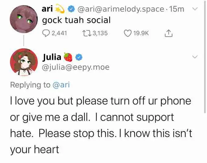 edit of elon musk's "pronouns suck" tweet with grimes' reply. ari: "gock tuah social" julia: "I love you but please turn off ur phone or give me a dall. I cannot support hate. Please stop this. I know this isn't your heart"