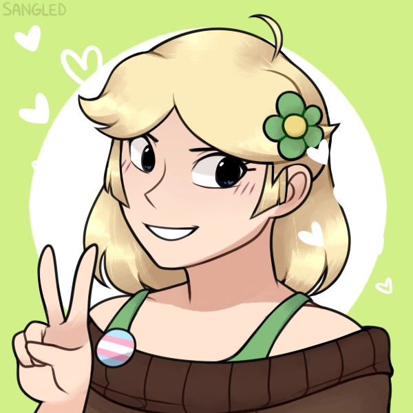 a picrew from 2026. it features a girl on a white and light green background. she's wearing a brown sweater and green tank top. she has shoulder-length blonde hair and a green flower on the side. she's grinning with a peace sign and a trans pin on her sweater.