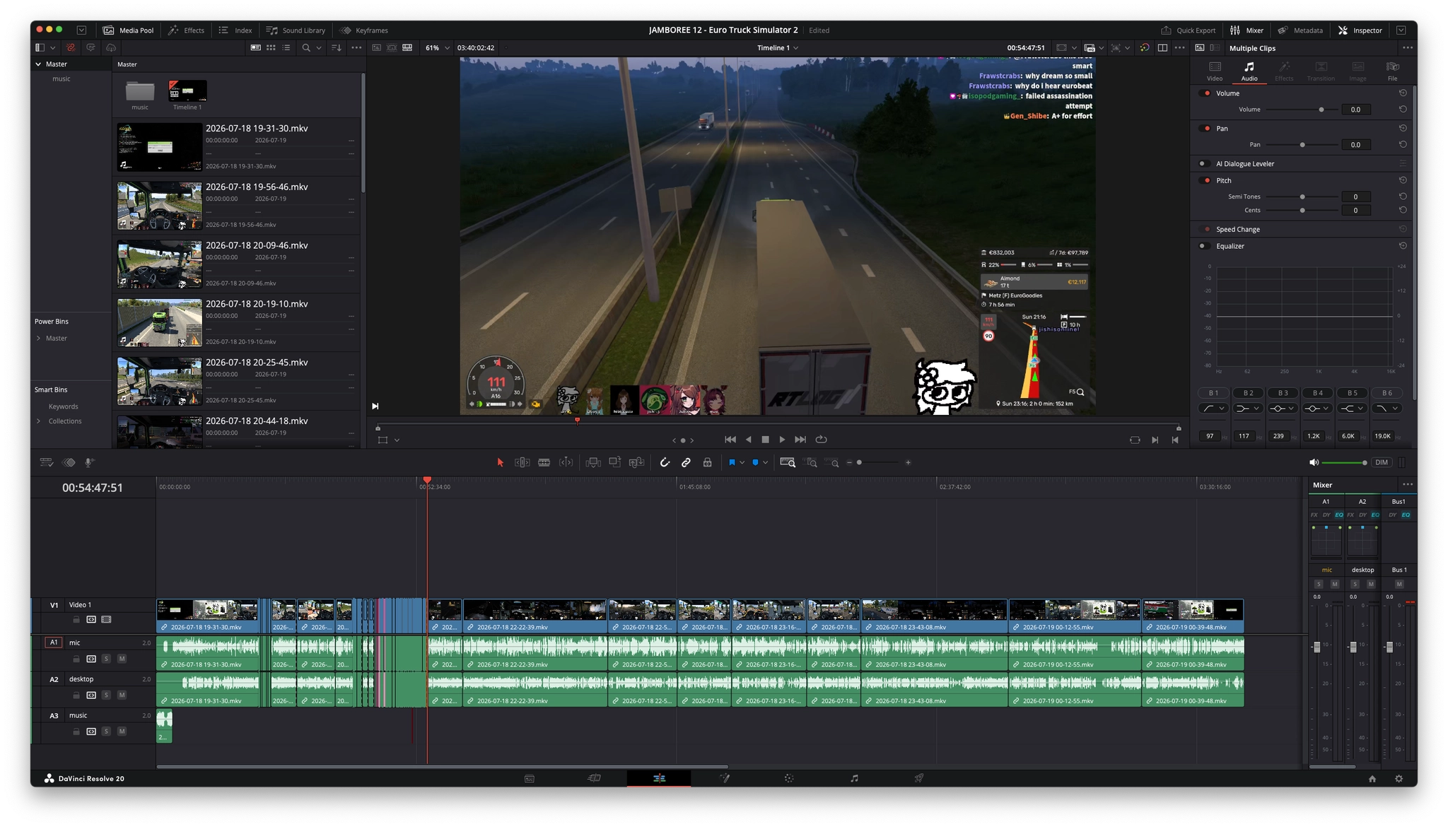 a full screenshot of my davinci resolve timeline, picturing a 3 hour and 40 minute timeline. the original VOD was 5 hours and 30 minutes, so i've shaved off a lot already!
