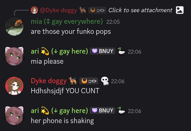 mia (replying to julia): "are those your funko pops"
ari: "mia please"
julia: "[keyboard smash] YOU CUNT"
ari: "her phone is shaking"