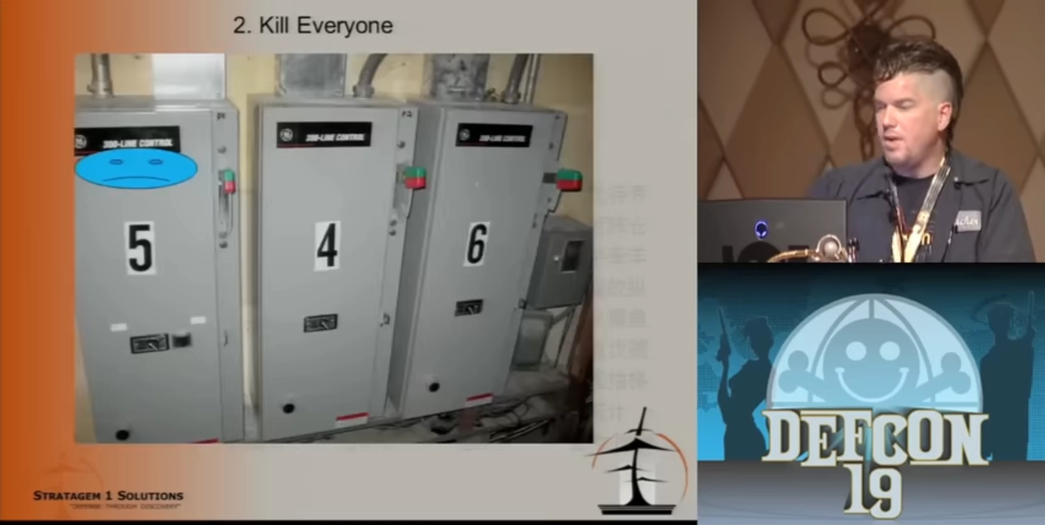 screenshot of a defcon 19 talk from Jayson E. Street, on a slide showing a picture of some fuse boxes with the title "2. Kill Everyone"