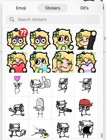 screenshot of a signal sticker pack featuring art drawn by me. included are my dedicated emotes (blunder, fear, wave, heart, drinking water, among others), and a collection of various AriDoodles.