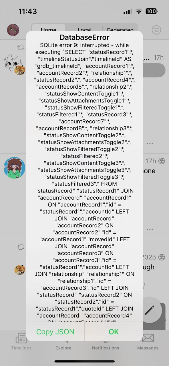 a feditext dialog popup containing a massive SQL error that stretches along the height of the screen. lots of references to statuses, accounts, records, and relationships.