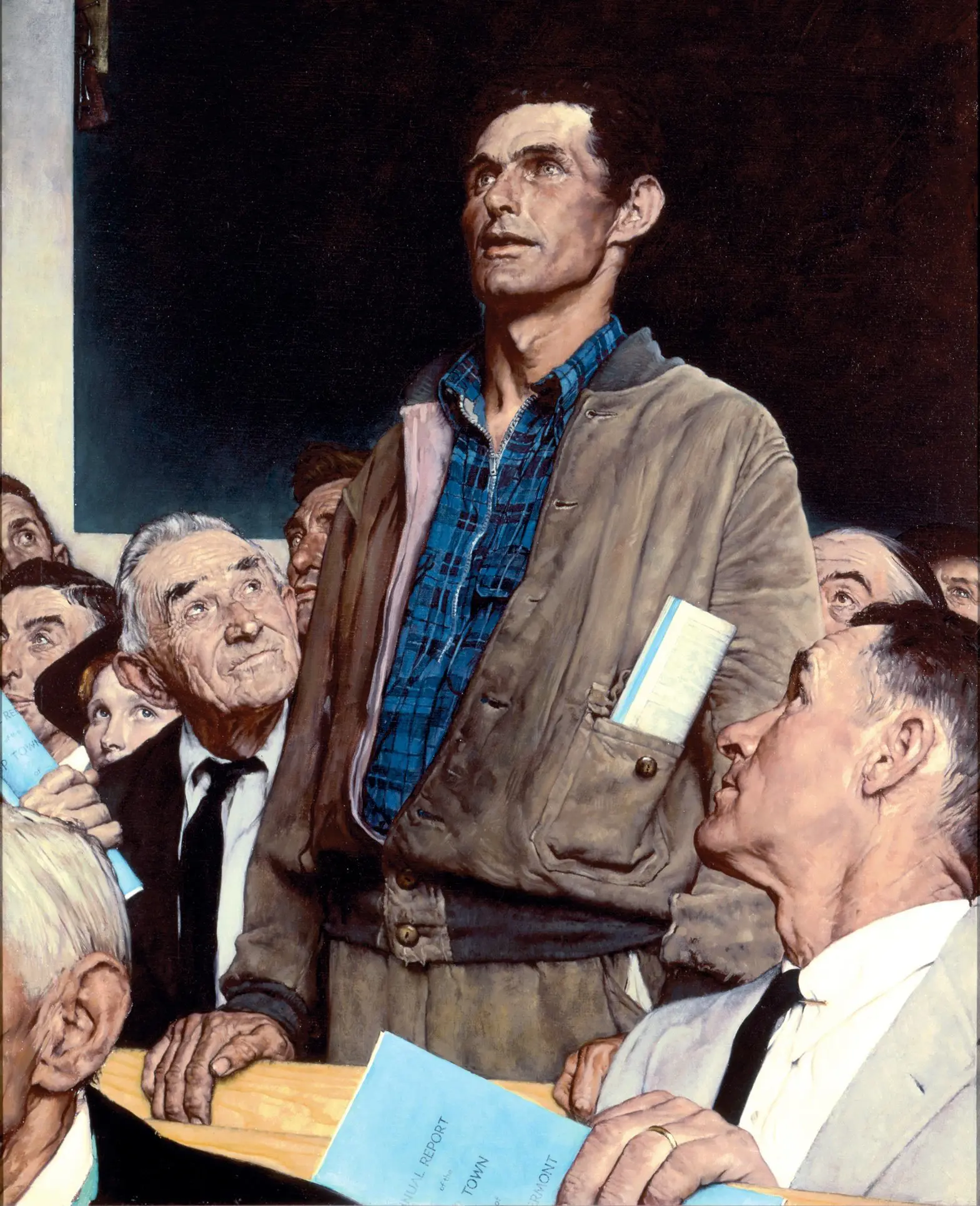 "freedom of speech" by norman rockwell. a painting of a man standing up confidently among many others, as they turn to hear him speak.