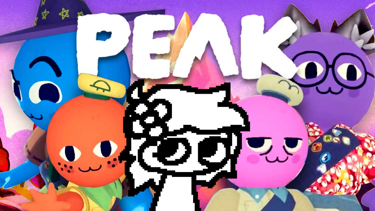 thumbnail for the upcoming youtube video. it shows the game title "PEAK" surrounded by a bunch of characters from the game, and aridoodle.