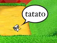 a tiny aridoodle rolling around in some sand next to grass with a big speech bubble saying "tatato"