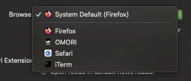 default browser dropdown on macOS: firefox, OMORI, safari, and iTerm