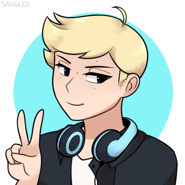 old picrew from 2021. it features a boy on a white and baby blue background, with short blonde hair, black button-up shirt with a white vest underneath, and blue headphones. he's smiling slightly holding a peace sign.